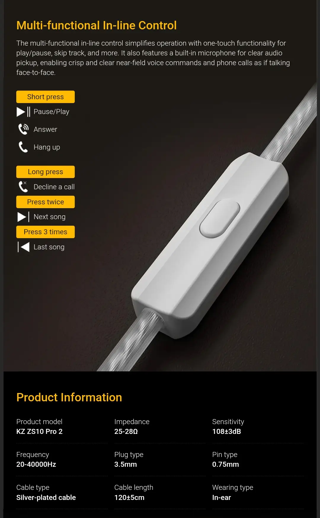 KZ ZS10 Pro 2 Hybrid IEM with Mic - 1DD + 4BA Earphones