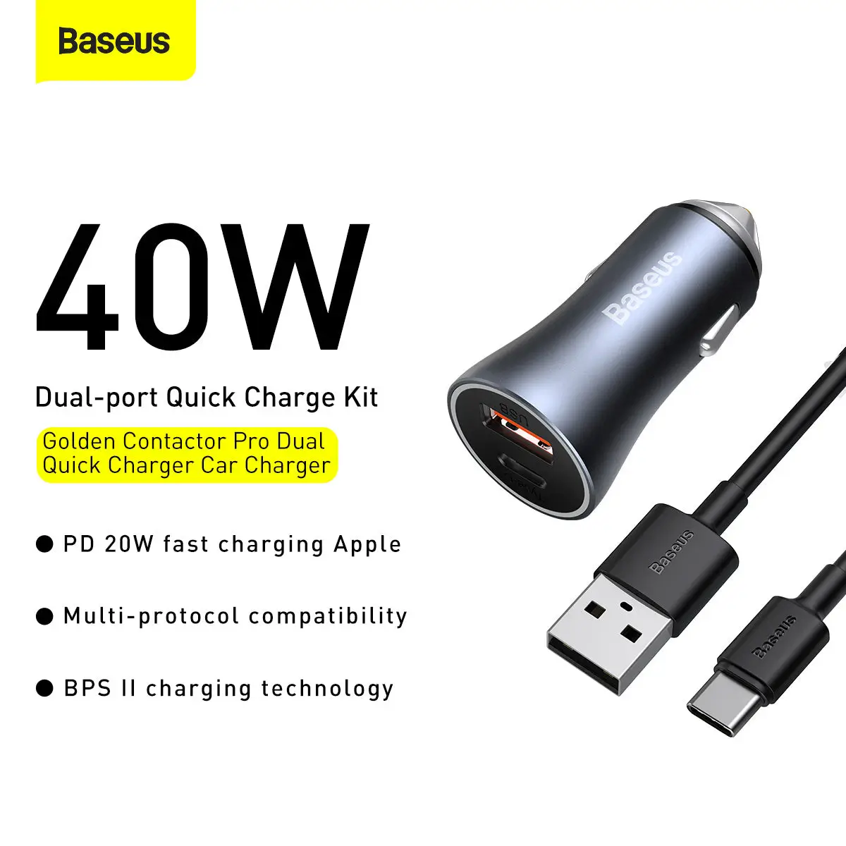 Baseus 40W Dual Port Car Charger Fast Charging for iPhone and Android