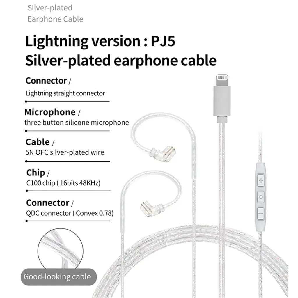 JCALLY PJ5 Lightning 5N OFC Silver-Plated Earphone Cable with C100 DAC Chip