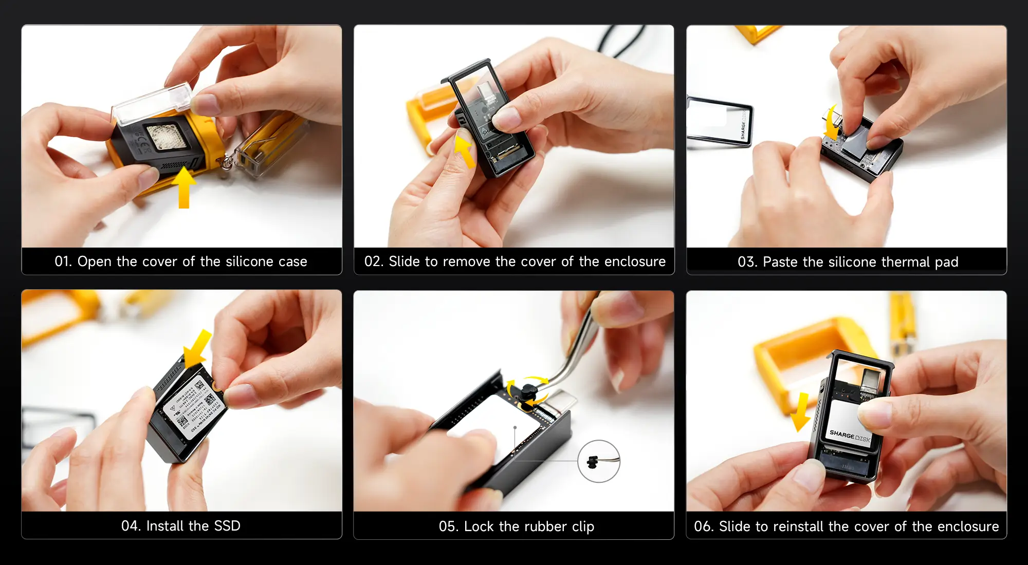 Tool free installation process of Sharge Disk SSD Enclosure