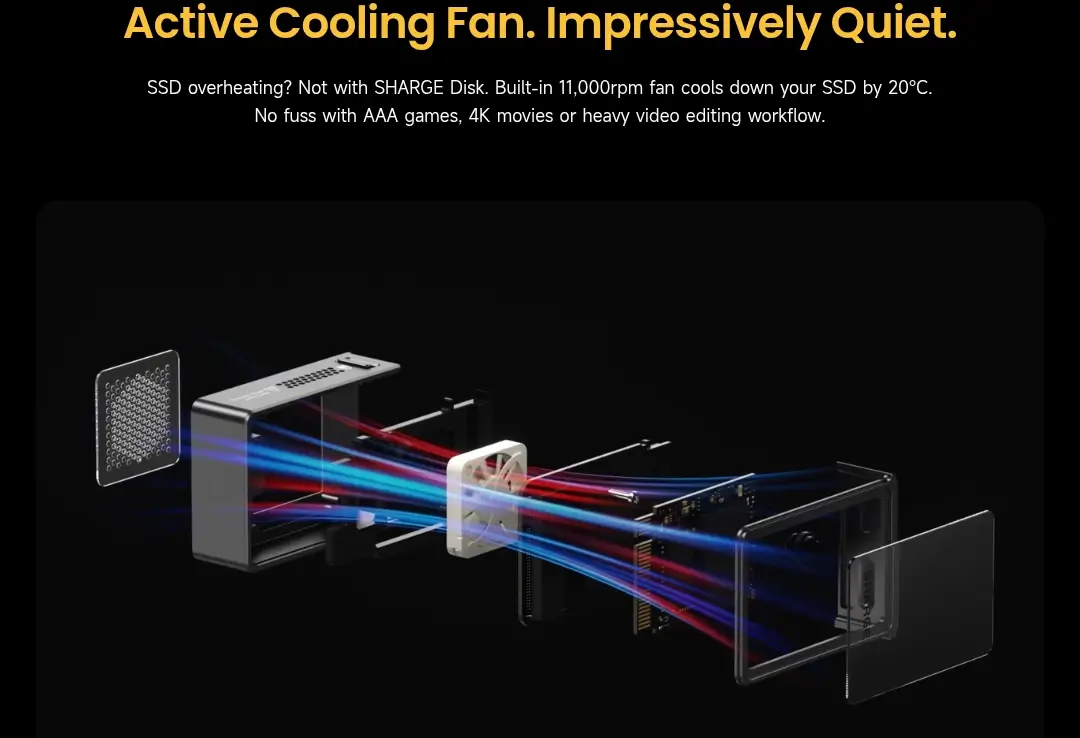 Sharge Disk SSD Enclosure with built-in cooling fan and aluminum body