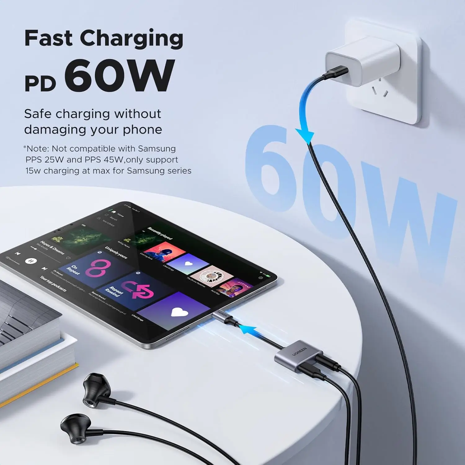 UGREEN CM231 USB C to 3.5mm Headphone and Charging Adapter for Phones and Tablets