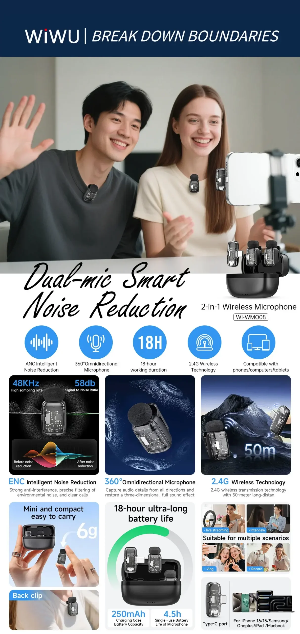 WiWU Wi-WM008 Dual Wireless Lavalier Microphone with Charging Case