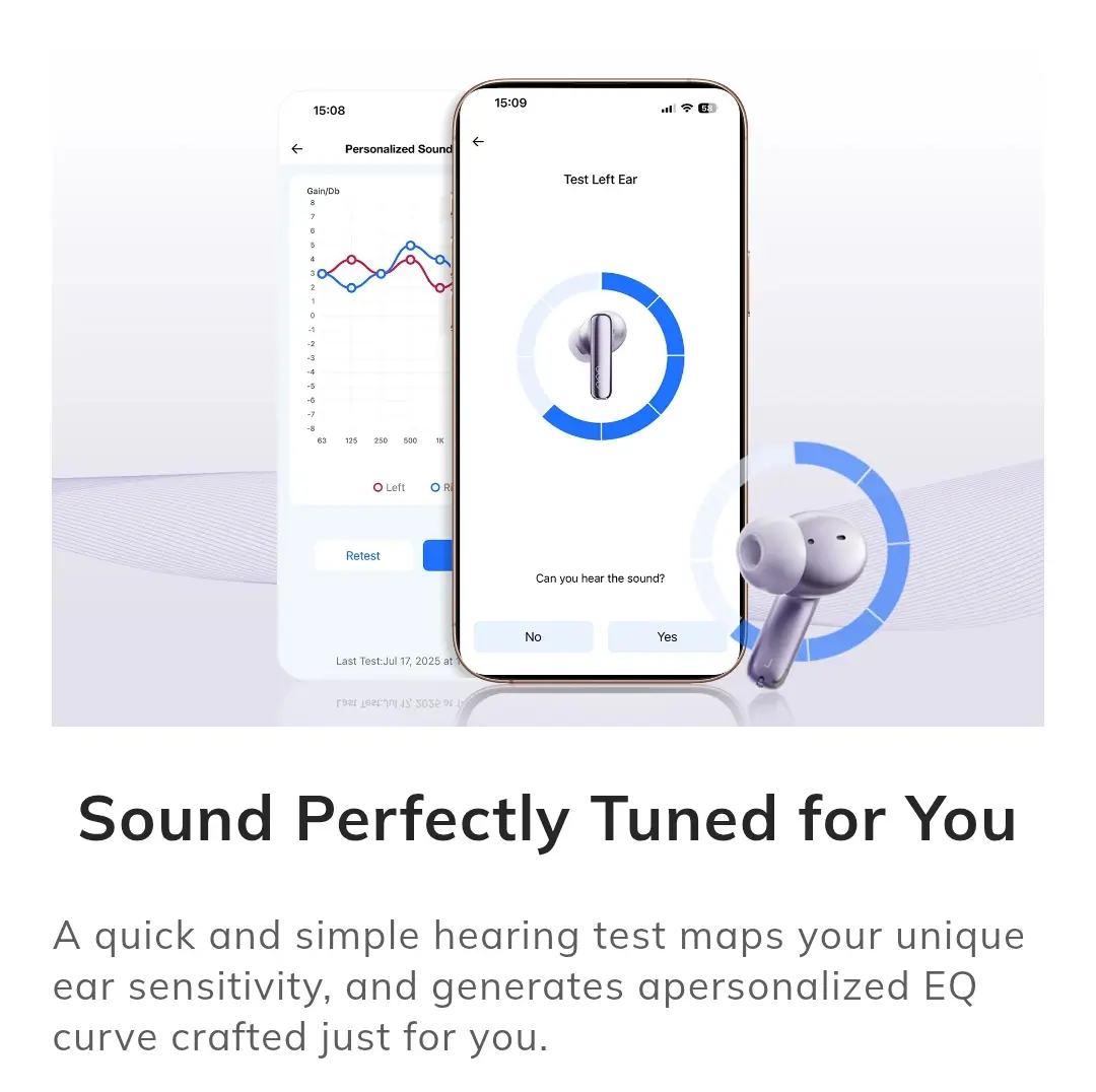 QCY MeloBuds N70 earbuds app connectivity with custom EQ and hearing test