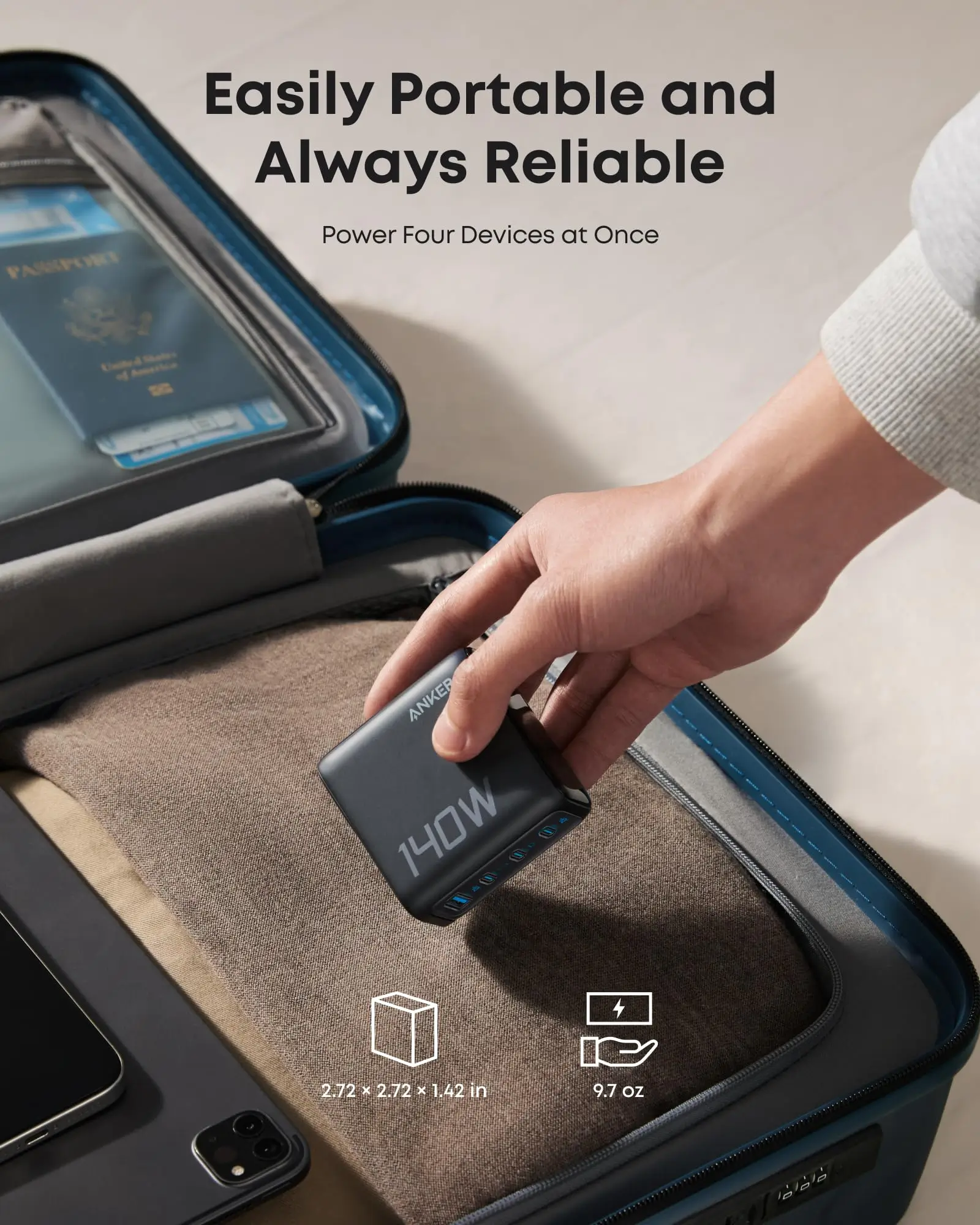 Anker Zolo 140W GaN 4-Port PD 3.1 charger with touchscreen and USB-C cable