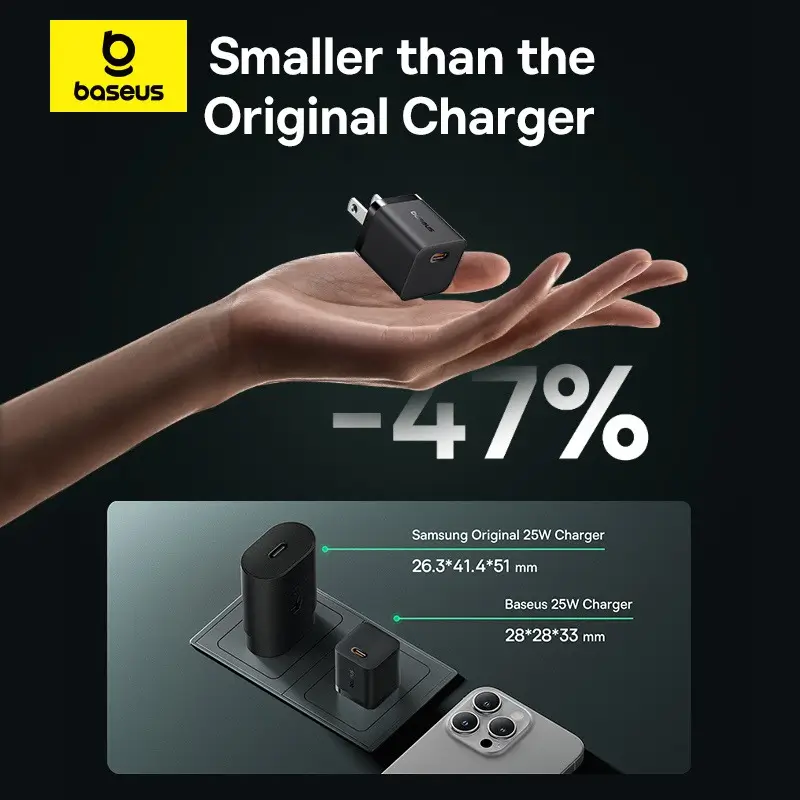 Baseus GaN5 Mini 25W USB-C Super Fast Charger with Type-C to Type-C Braided Cable - Black
